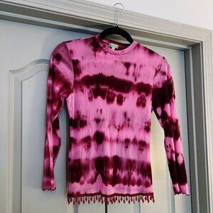 Y2K Pink Tie Dye Mesh Top w/ Beaded Fringe Hem Fairy Grunge Petite Pois L